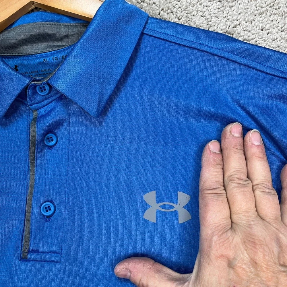 Under Armour‎ Polo Shirt Mens XL Blue Short Sleeve 3-Button Placket HeatGear EUC